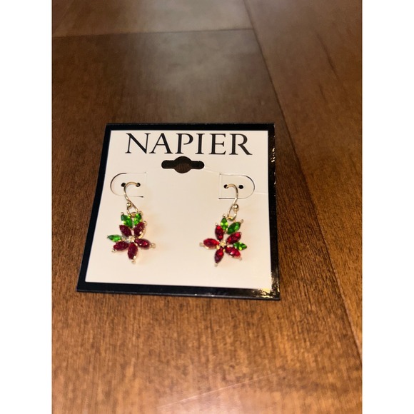 Napier Jewelry - Napier Christmas Poinsettia Earrings Red Green Rhinestone Gold Tone